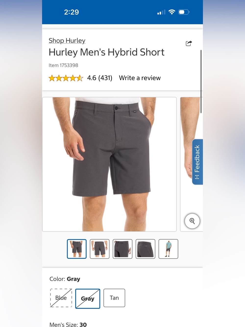 Like New! Hurley Men's  Hybrid Charcoal Stretch Flat-Front Shorts, Size 36